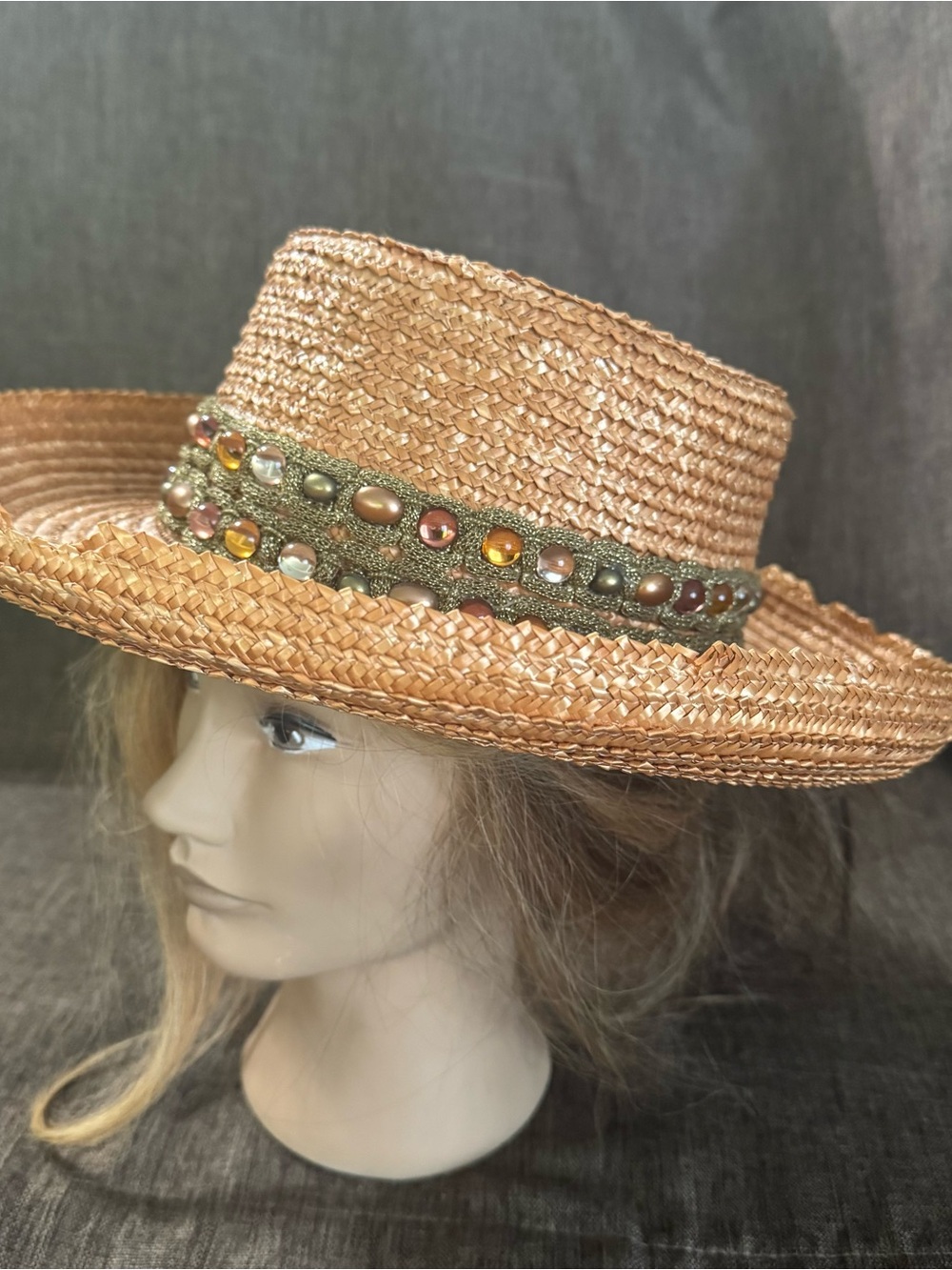 Eric Javits Natural Straw Hat with Olive Beaded Band - Picture 5 of 14